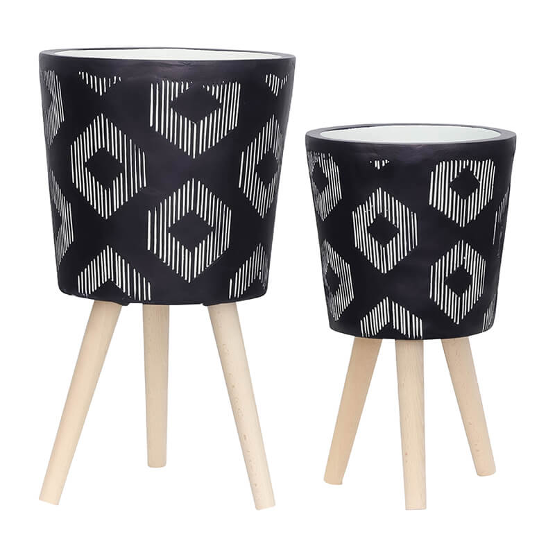 10/12" Diamond Design Planter With Wood Legs, Set of Two