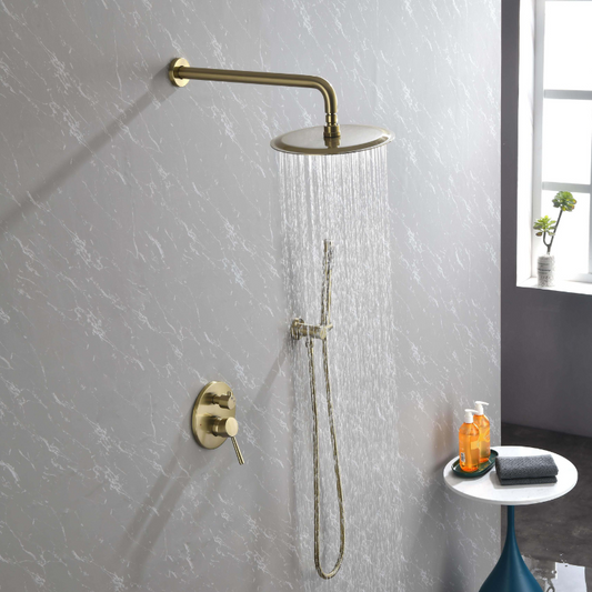 10" Brushed Gold Stainless Steel Rain Shower System, Handheld Shower Set