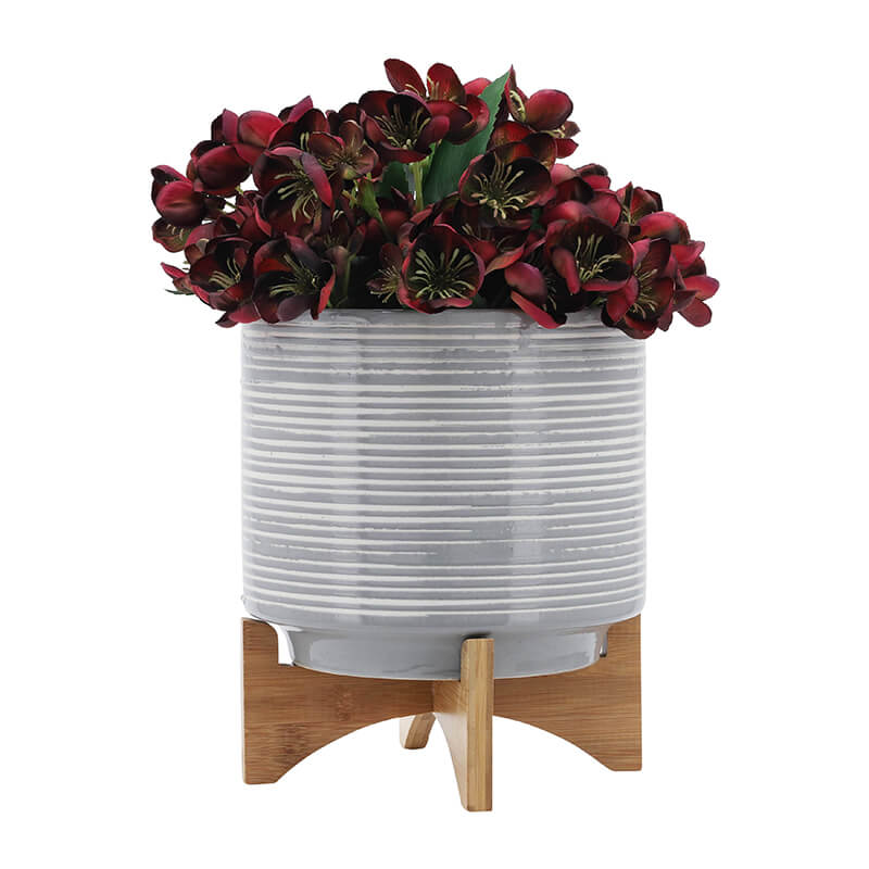 10"Gray Ceramic Planter On Wooden Stand