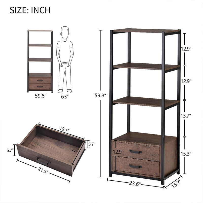 Simple Industrial Brown 4-Tier Bookshelf