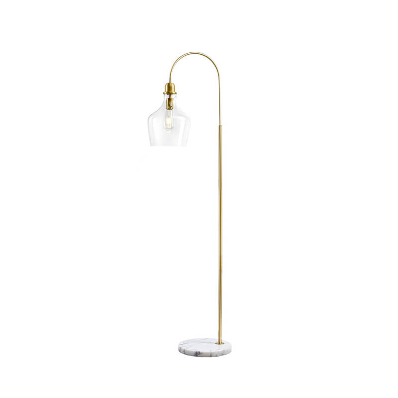 Modern gold floor lamp with glass bell-shaped lamp shade and white marble base