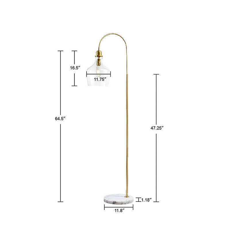 A dimension Image of a Modern gold floor lamp with glass lamp shade and white marble base