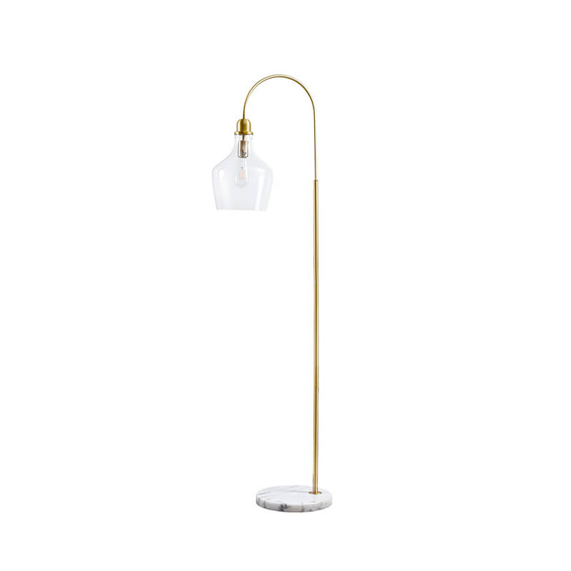 Modern gold floor lamp with glass bell-shaped lamp shade and white marble base