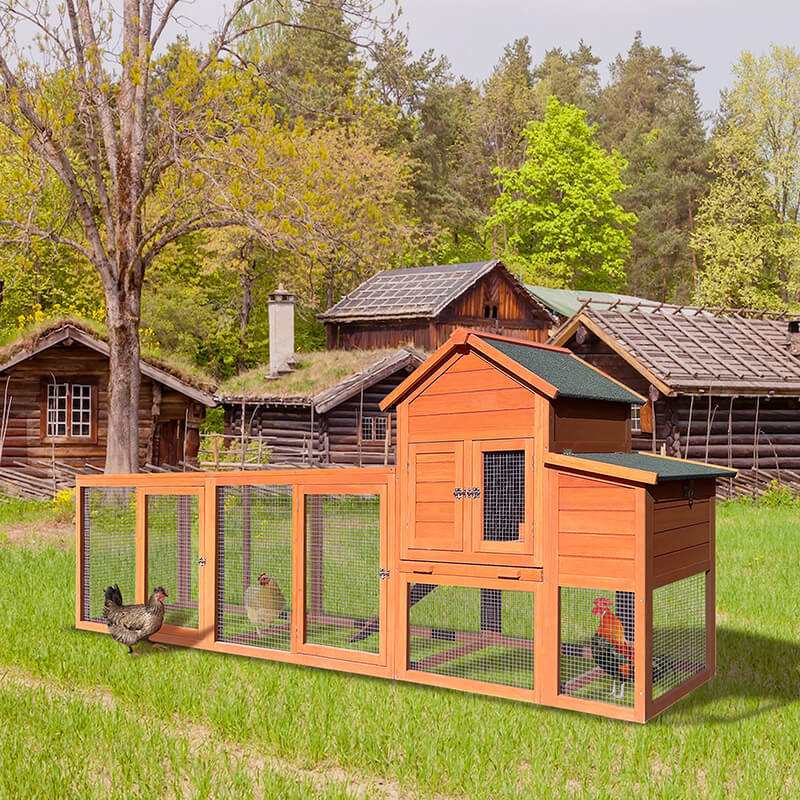 122" Large Wooden Outdoor Chicken Coop with Nest Box and Wire Fence