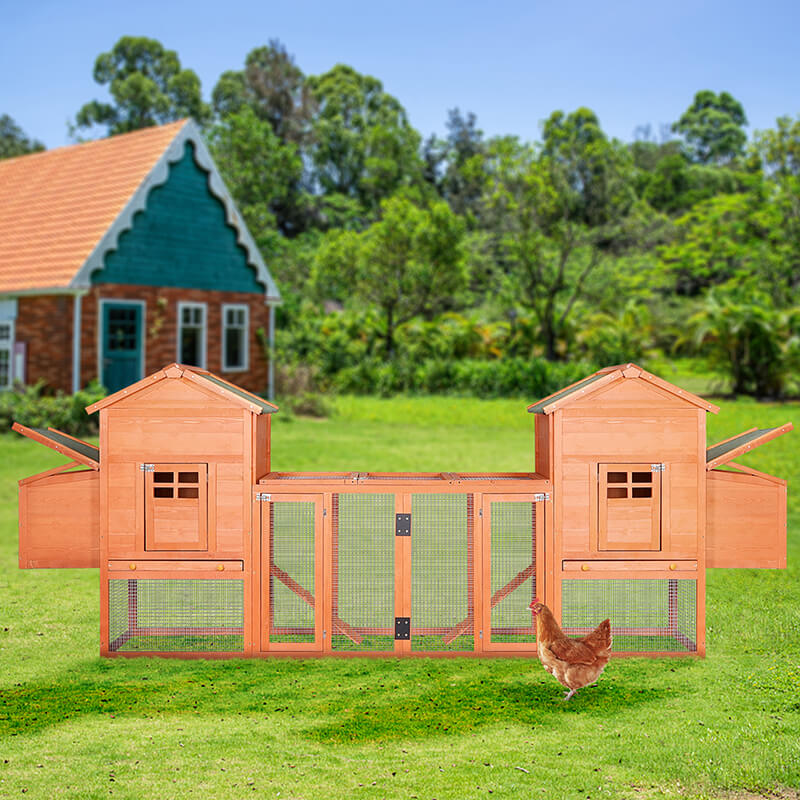 124" Orange Outdoor Wooden Chicken Coop with Ventilation Door and Removable Ramp