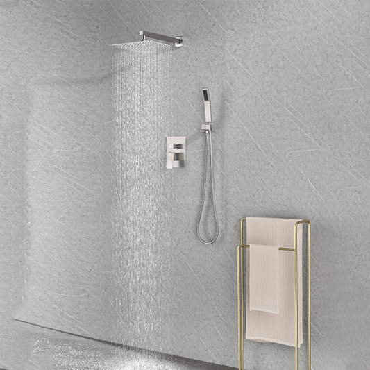 12" Brushed Nickel Wall-mounted Square Rain Shower Head System with Handheld Shower