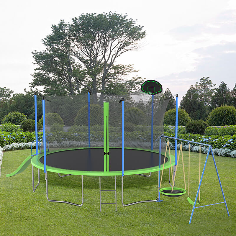 12FT Green Outdoor Backyard Trampoline with Slide and Swings