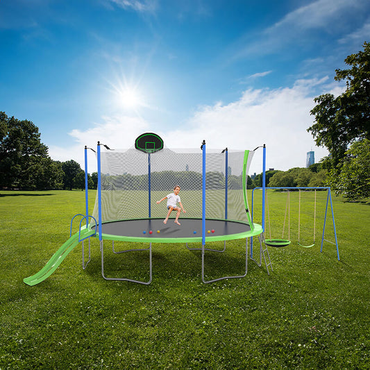 12FT Green Outdoor Backyard Trampoline with Slide and Swings