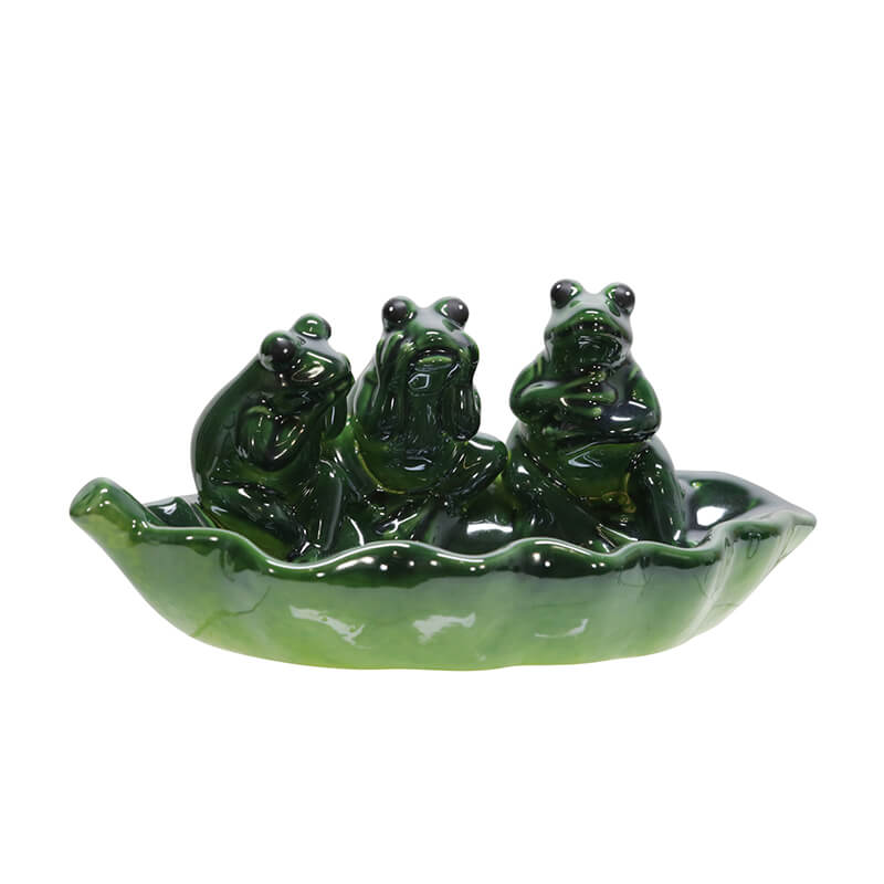 12" Green Ceramic Frog Trio Bird Feeder