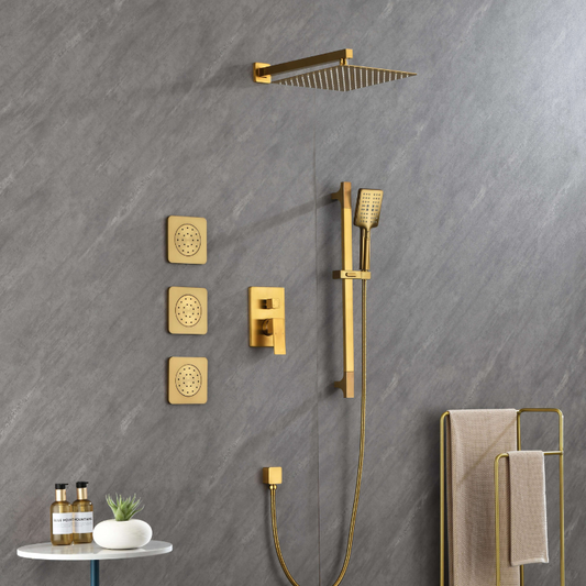 12" Rainfall Shower System with Square Shower Head - Brushed Gold