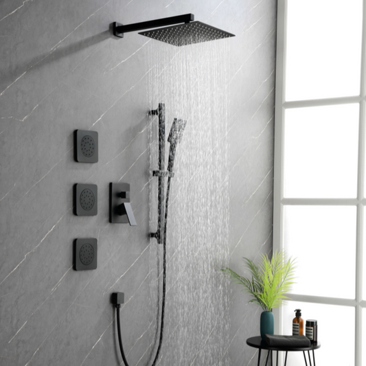 12" Rainfall Shower System with Square Shower Head - Matte Black