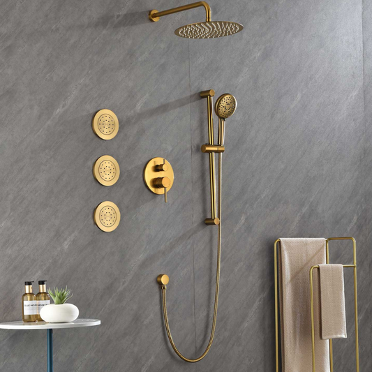 12" Waterfall Rainfall Shower System with Round Shower Head - Brushed Gold