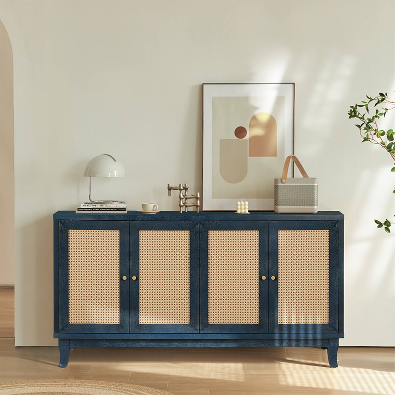 Blue Handcrafted Rattan Sideboard Buffer Cabinet