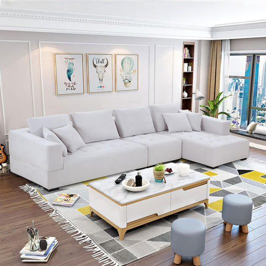 134" Mid-century Beige Linen Fabric Sectional Sofa with Right Chaise and foam Padded Cushions