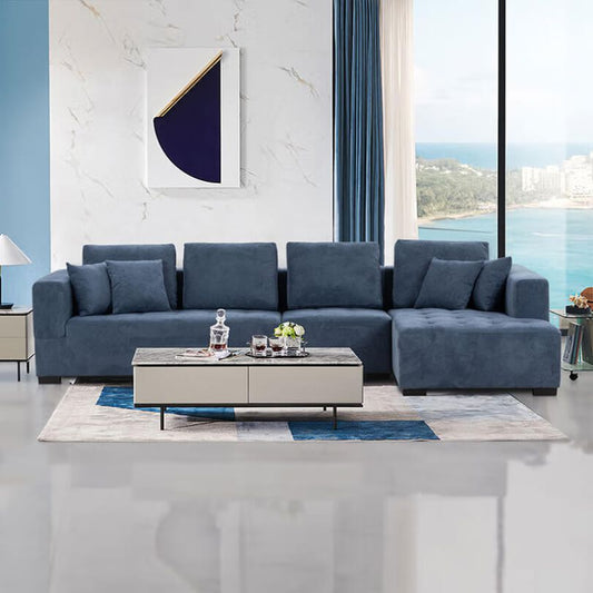 134" Mid-century Blue Linen Fabric Sectional Sofa with Right Chaise and foam Padded Cushions