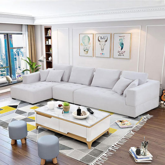 134" Modern Beige Linen L-Shaped 5-Seat Sectional Sofa with Left Chaise and Padded Cushions