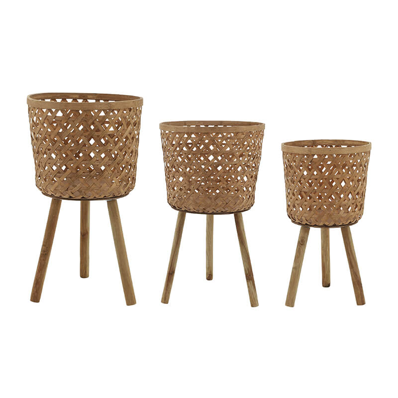 11/13/15" Brown Round Bamboo Planters - Set Of 3