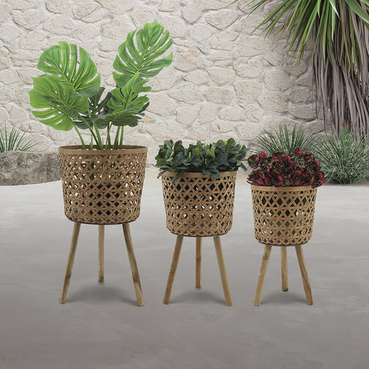 11/13/15" Brown Round Bamboo Planters - Set Of 3