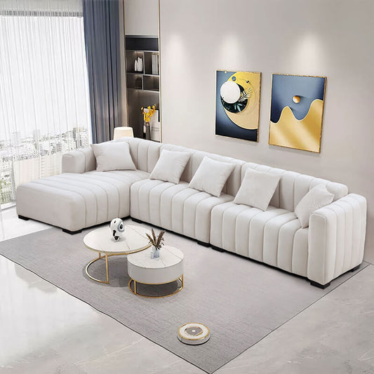 139" Modern Beige Channel Tufted L-shaped 6-seater Sectional Sofa with Left Chaise