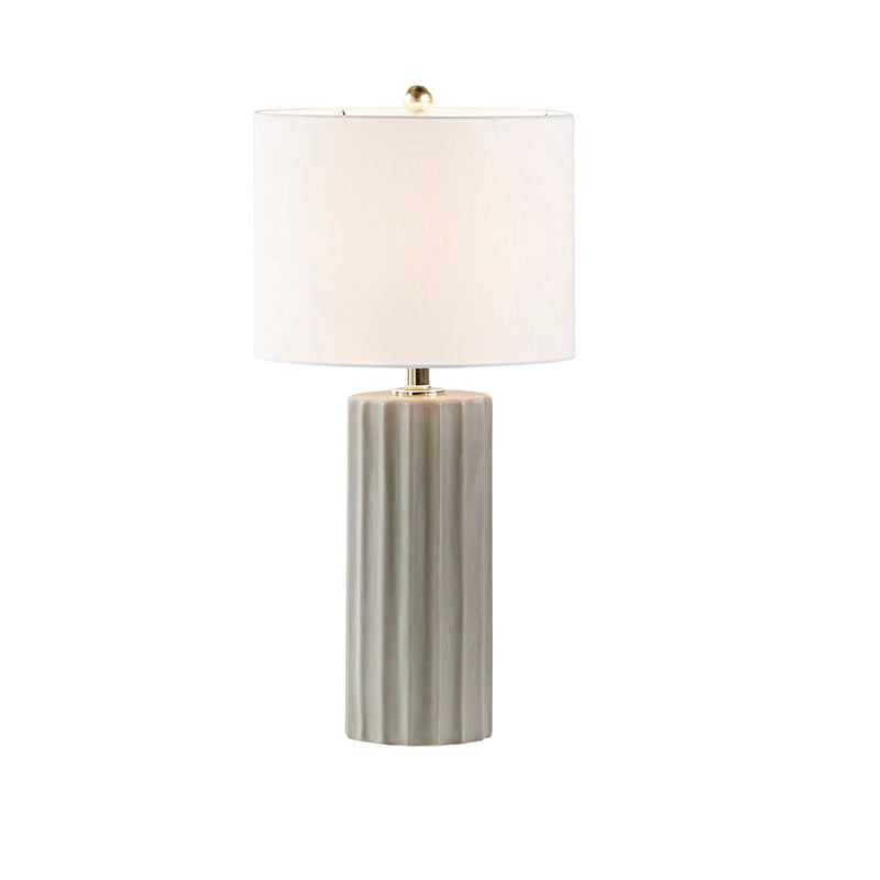 13" Ceramic Grey and White Drum Shade Shape Ribbed Table Lamp