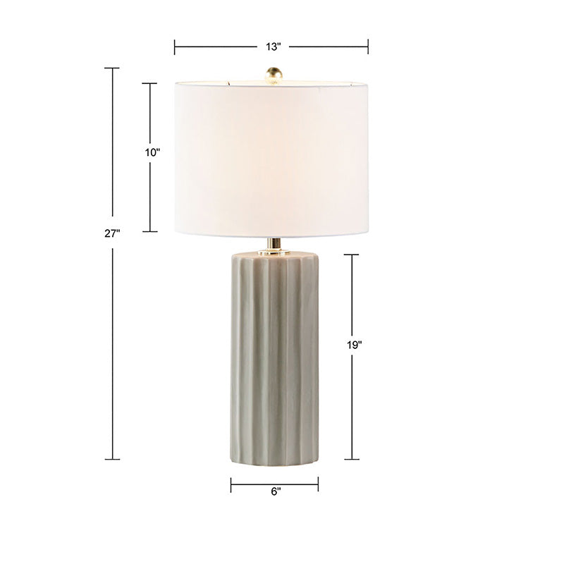 A dimension Image of the 13" Ceramic Grey and White Drum Shade Shape Ribbed Table Lamp