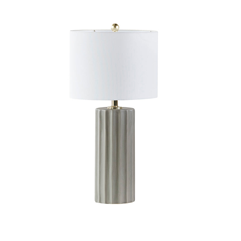 13" Ceramic Grey and White Drum Shade Shape Ribbed Table Lamp