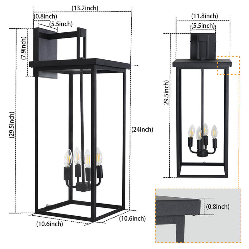 A dimension Image of the 13" Farmhouse 4-Light Black Outdoor Wall Light