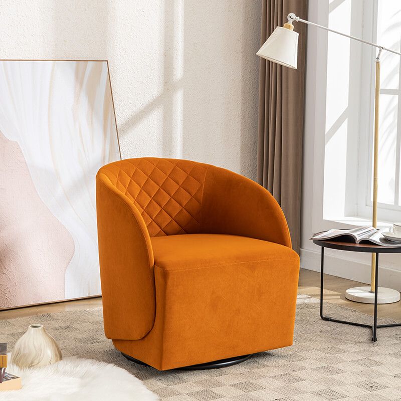 25" Orange Round Velvet Swivel Accent Barrel Chair With Black Base