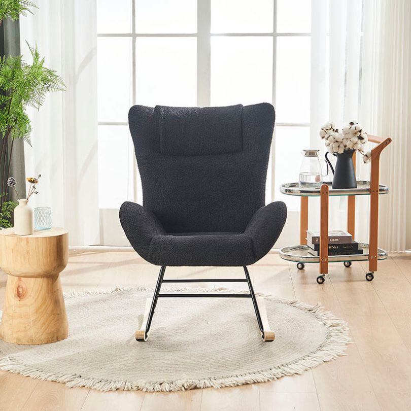 36.5" Modern Nursery Rocking Chair with Wooden Legs - Black Teddy Fabric