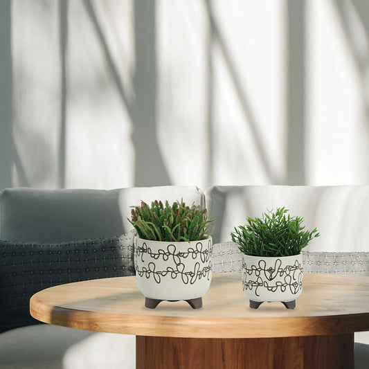 Beige Round Ceramic Scribble Footed Planter