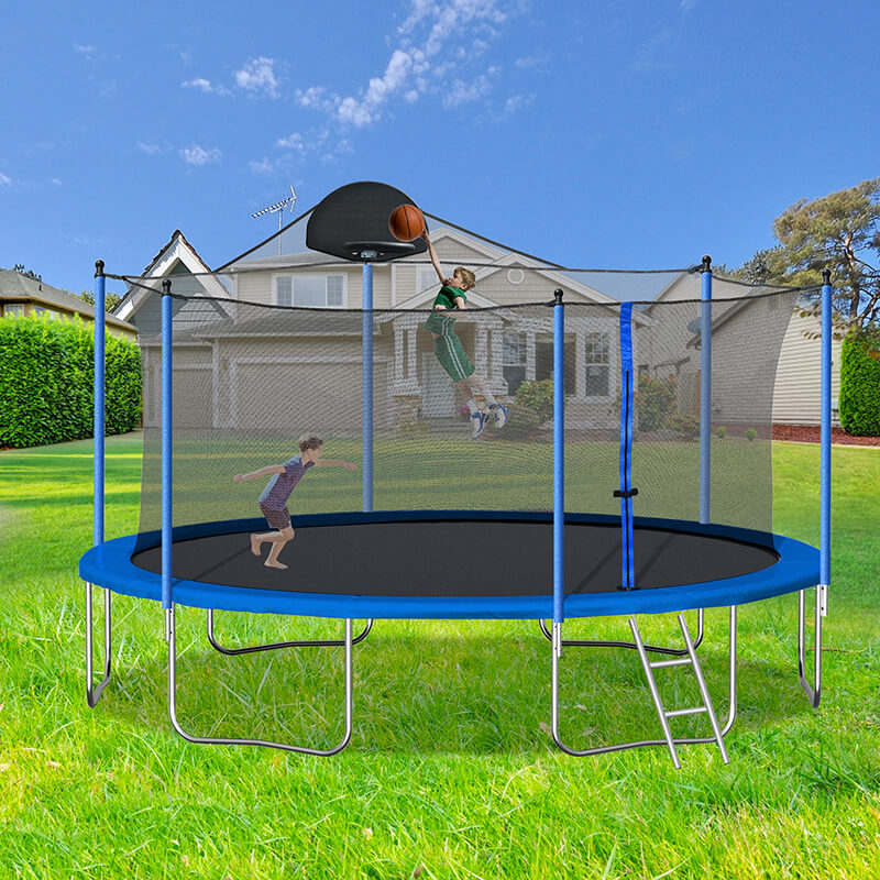 14FT Blue Outdoor Trampoline with Basketball Hoop