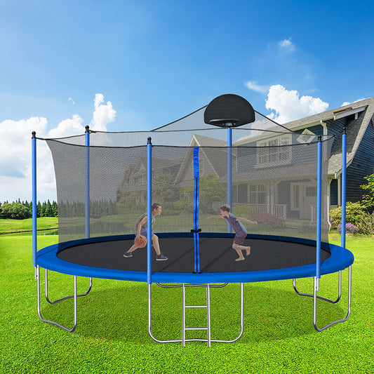 14FT Blue Outdoor Trampoline with Basketball Hoop, Ladder and Safety Enclosure Net for Kids and Adults, Double-Sided Cover - 166"L