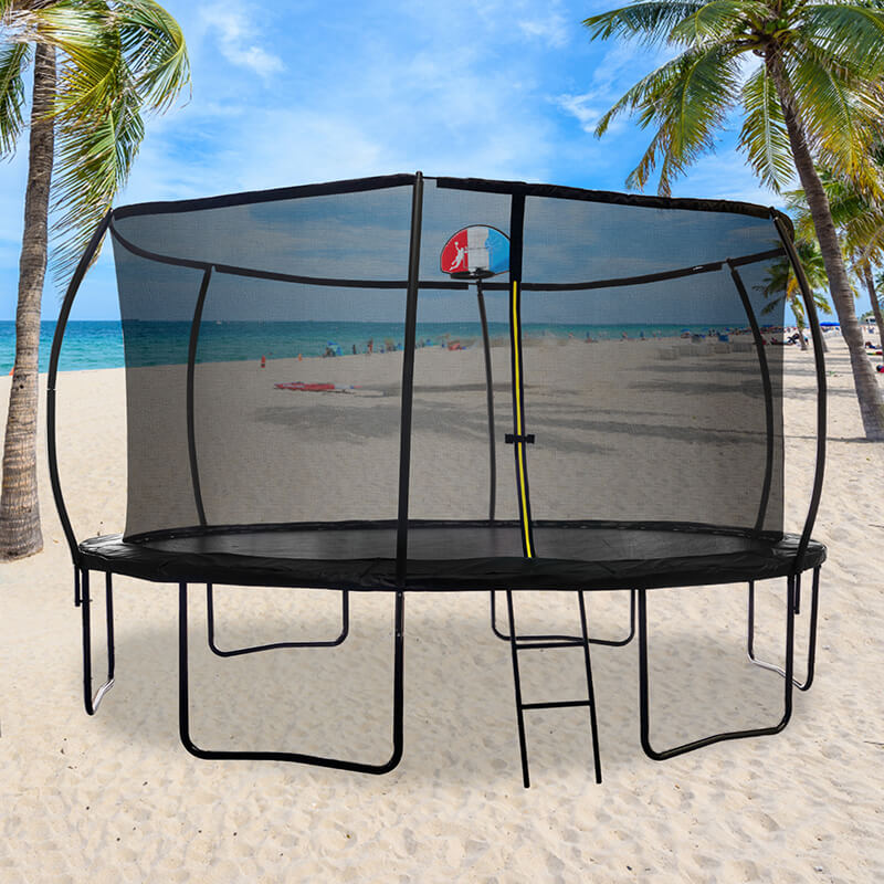 14FT Black Trampoline with Backboard - Outdoor Pumpkin Trampoline for Kids and Adults