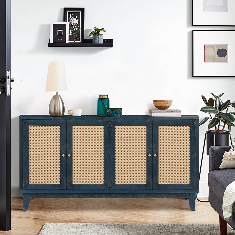 Blue Handcrafted Rattan Sideboard Buffer Cabinet