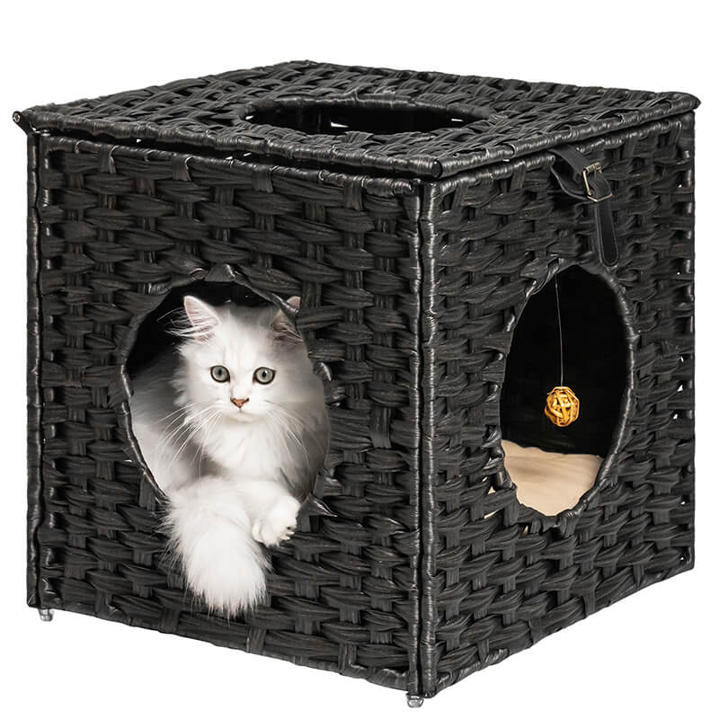 15.7" Black Rattan Cat Bed with Rattan Ball and Cushion