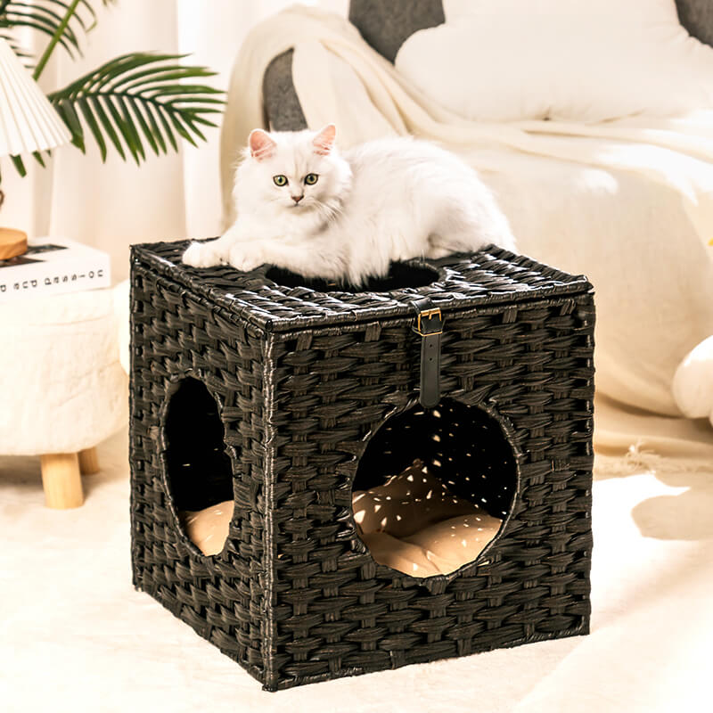 15.7" Black Rattan Cat Bed with Rattan Ball and Cushion