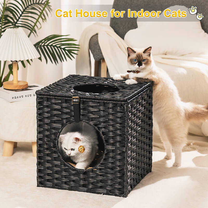 15.7" Black Rattan Cat Bed with Rattan Ball and Cushion