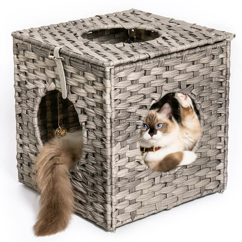 15.7" Gray Rattan Cat Bed with Rattan Ball and Cushion