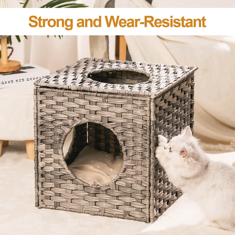 15.7" Gray Rattan Cat Bed with Rattan Ball and Cushion