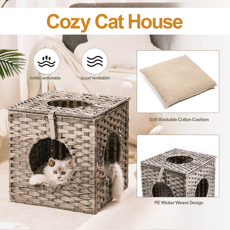 15.7" Gray Rattan Cat Bed with Rattan Ball and Cushion