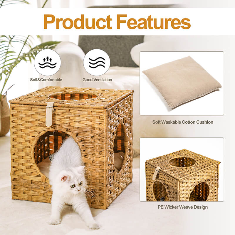 15.7" Natural Rattan Cat Bed with Rattan Ball and Cushion