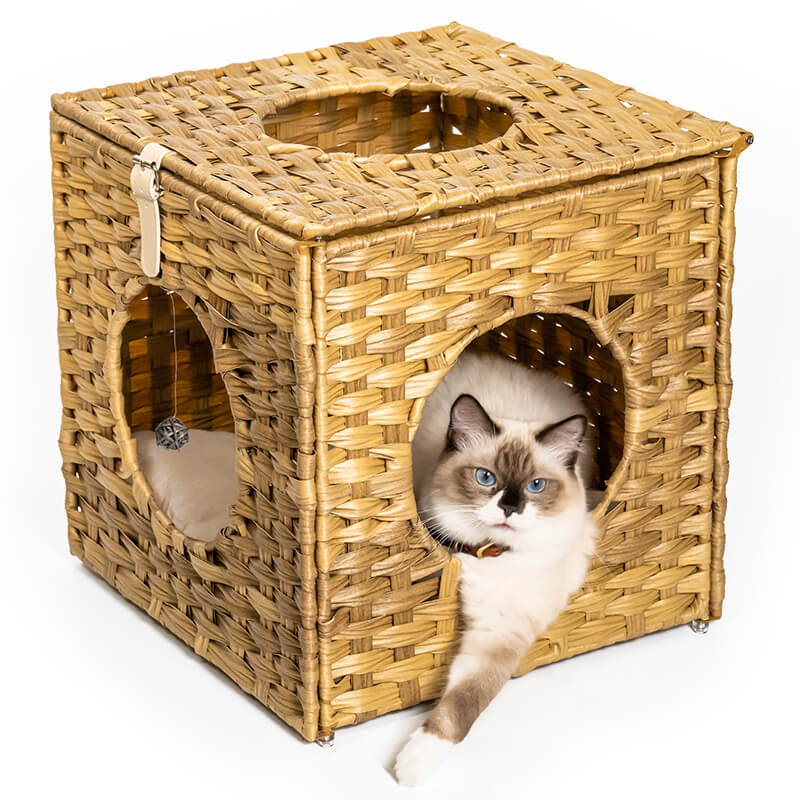 15.7" Natural Rattan Cat Bed with Rattan Ball and Cushion