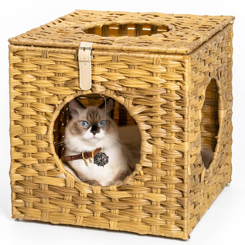 15.7" Natural Rattan Cat Bed with Rattan Ball and Cushion