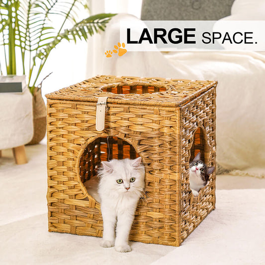 15.7" Natural Rattan Cat Bed with Rattan Ball and Cushion