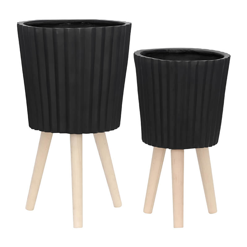 12" Modern Black Ridged Planter With Wooden Legs