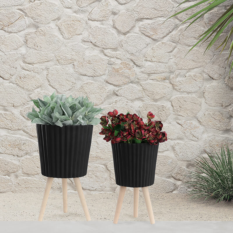 12" Modern Black Ridged Planter With Wooden Legs