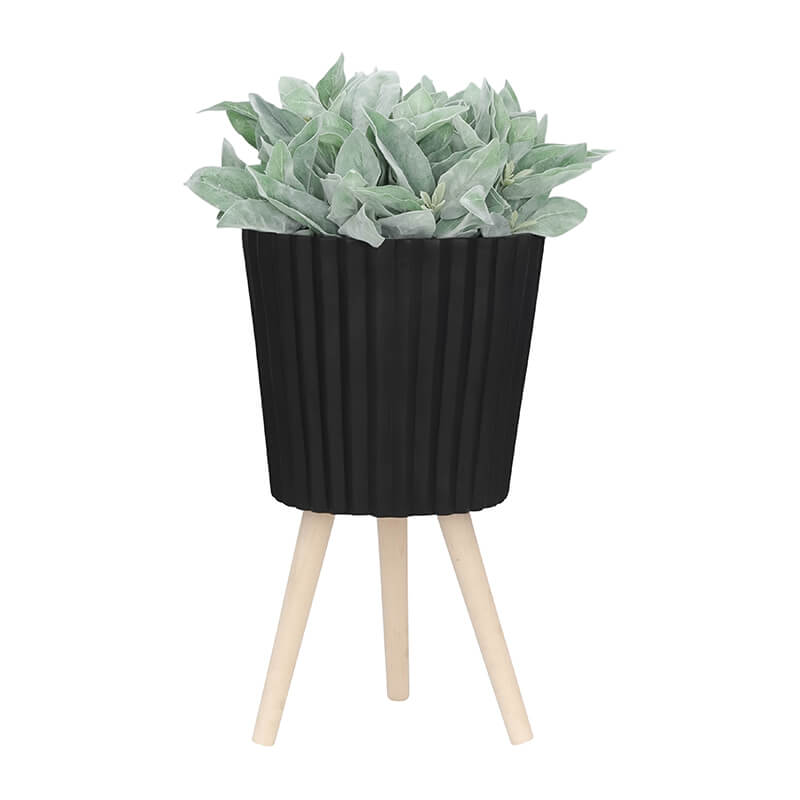 12" Modern Black Ridged Planter With Wooden Legs