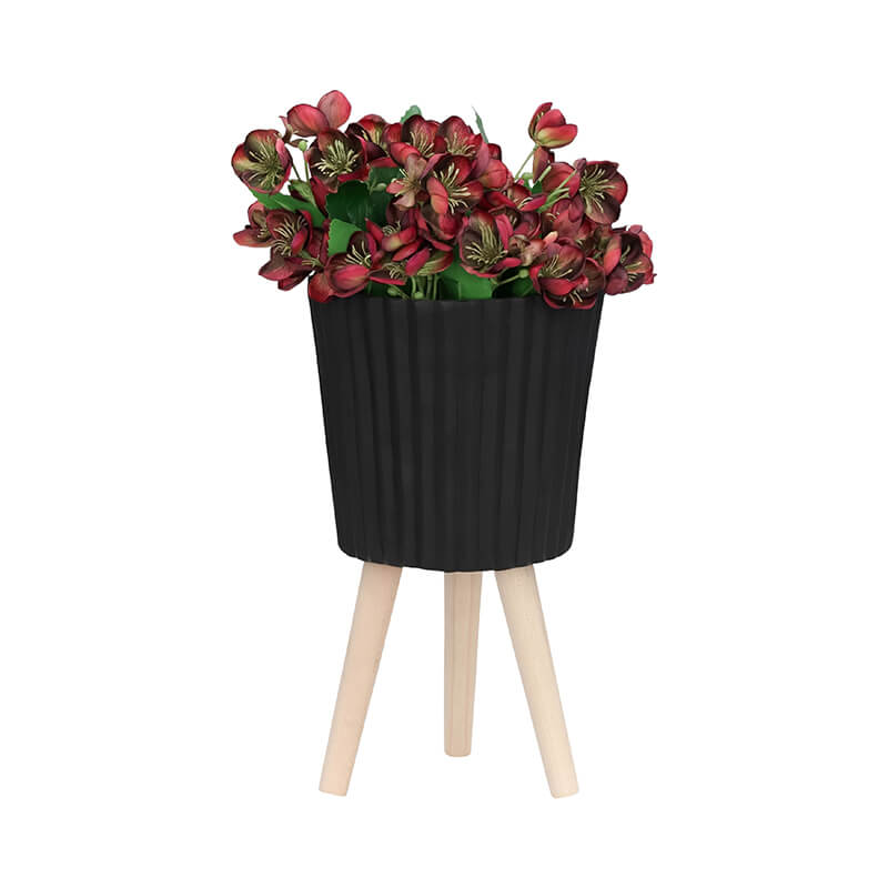 12" Modern Black Ridged Planter With Wooden Legs