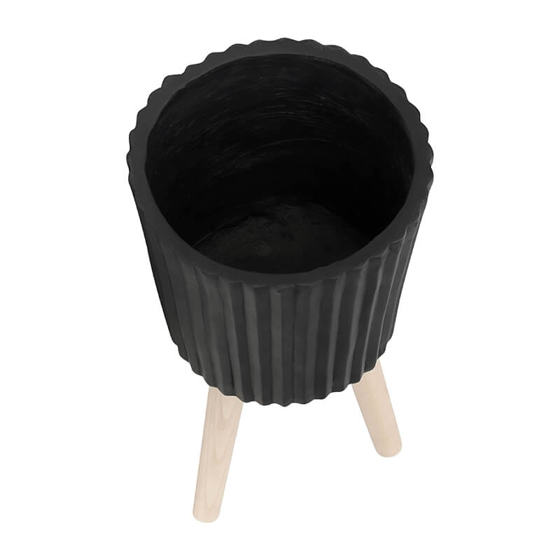 12" Modern Black Ridged Planter With Wooden Legs