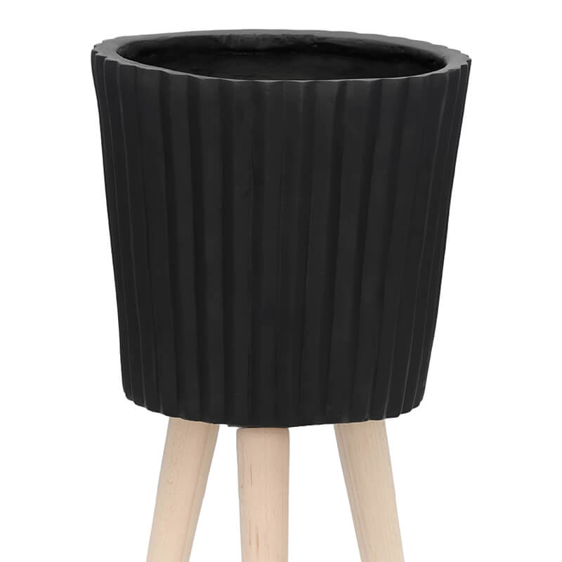 12" Modern Black Ridged Planter With Wooden Legs